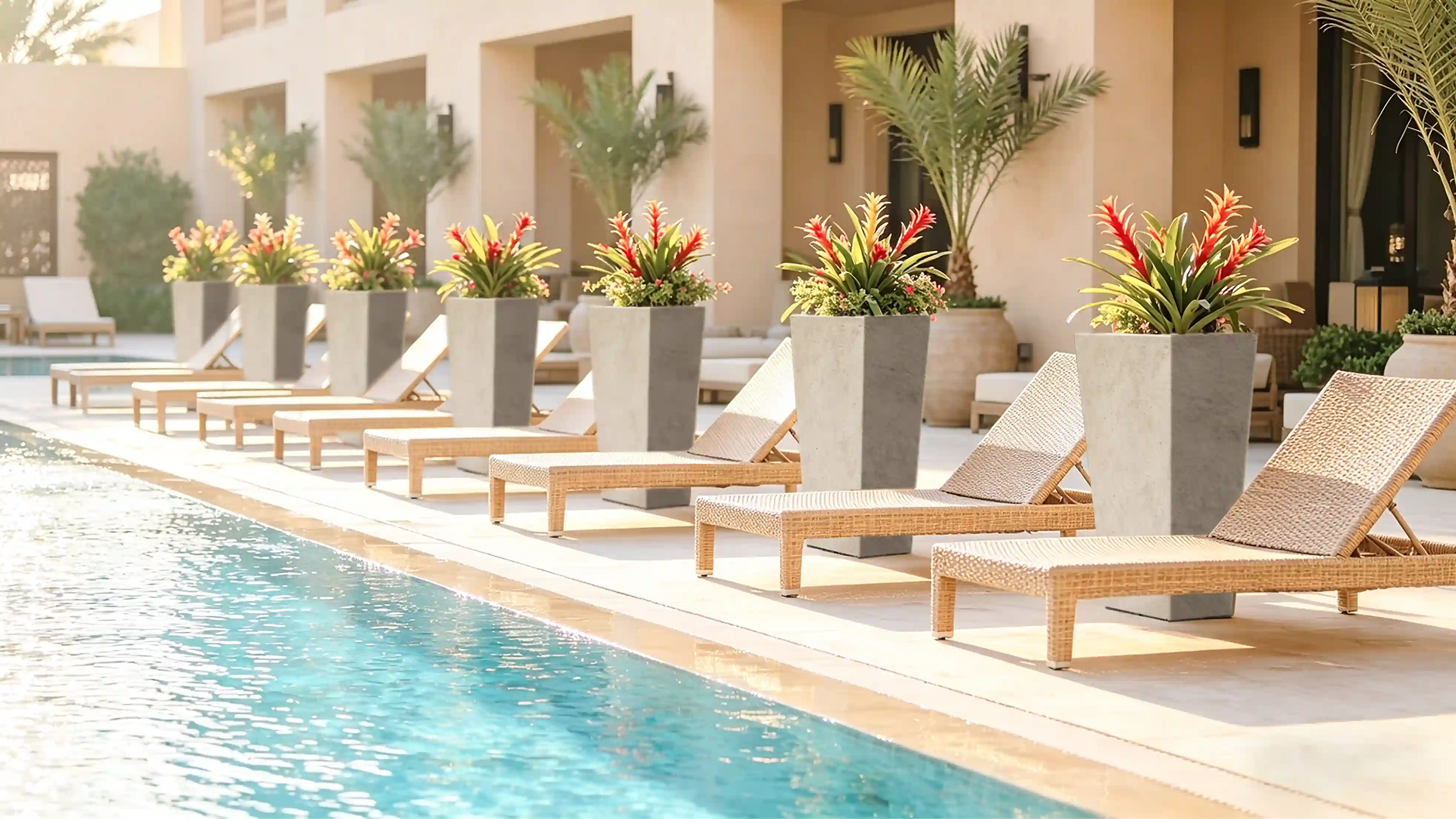 Commercial GRC planters in a sunny hospitality courtyard